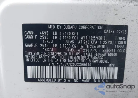 2018 Subaru Outback 2.5I Limited z USA, uszkodzony, nr VIN 4S4BSANC0J3309619